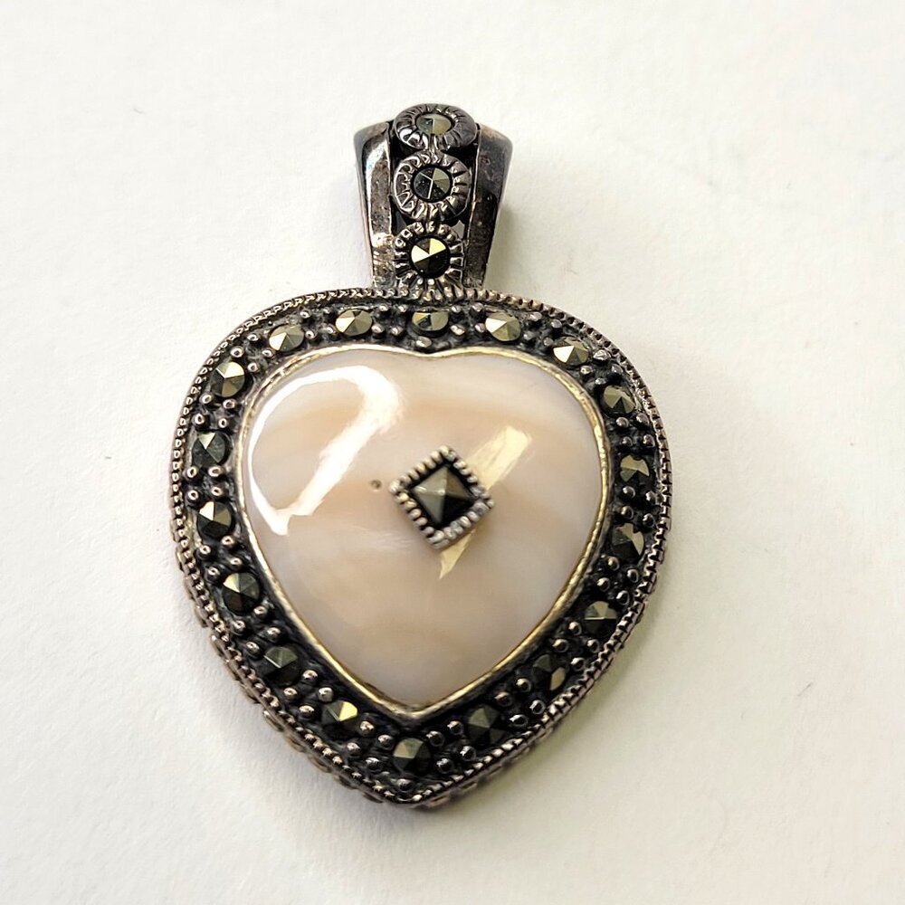 Pink Bezel Set MOP Sterling Silver Marcasite Heart Pendant - NEW